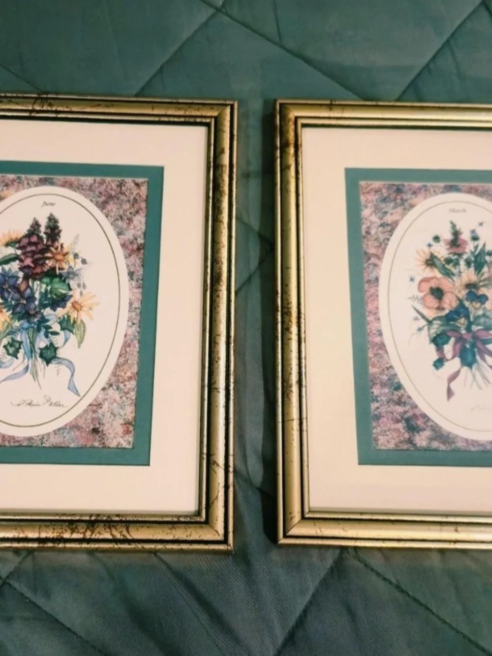 Gold Framed Floral Print with Teal Mat - Unbranded
